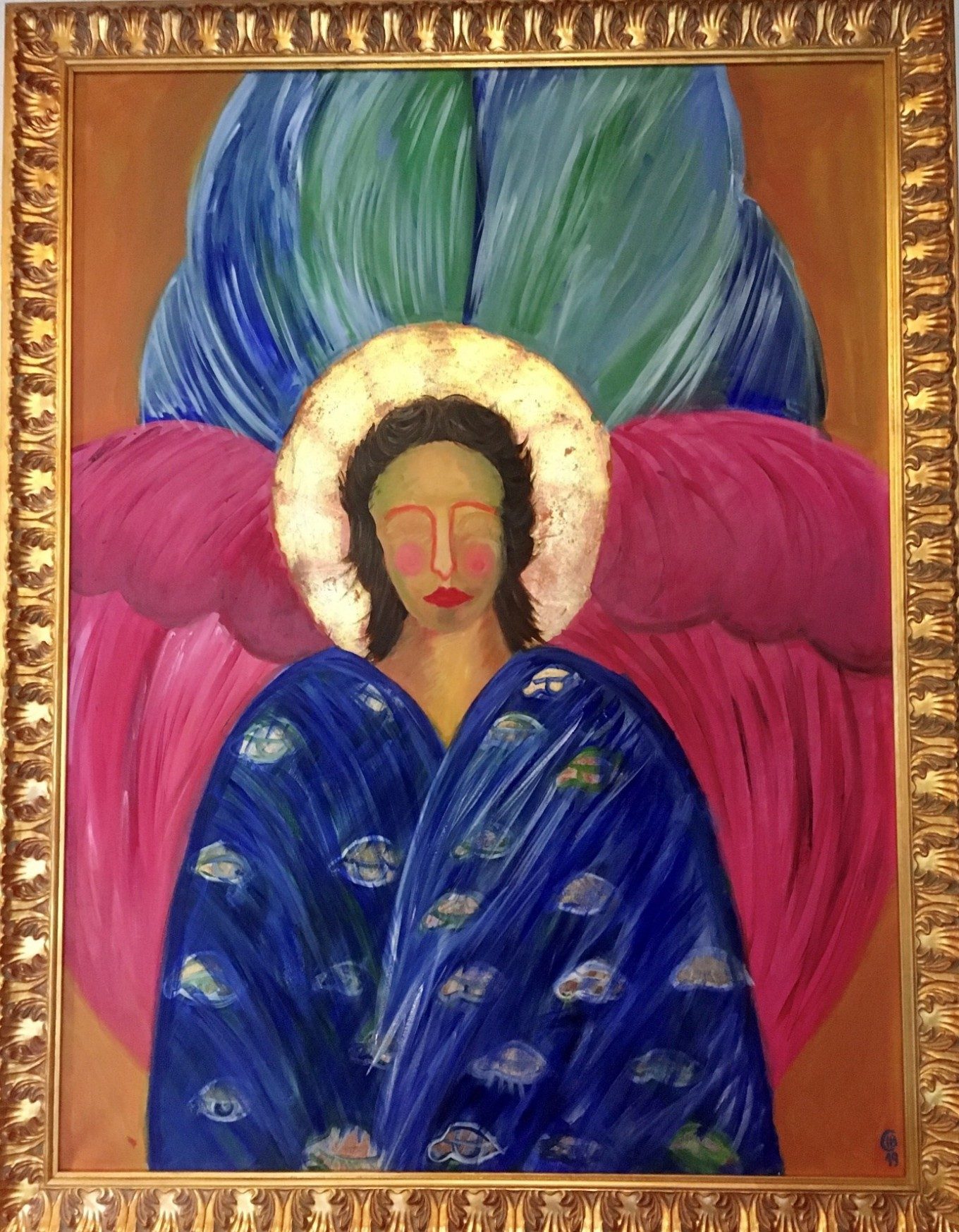 Ölbild eines Engels in blauem Gewand mit rosa Flügeln in goldenem Rahmen