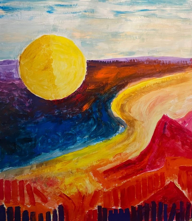 Gemalte Landschaft mit grosser gelber Sonne und farbigen Hügeln