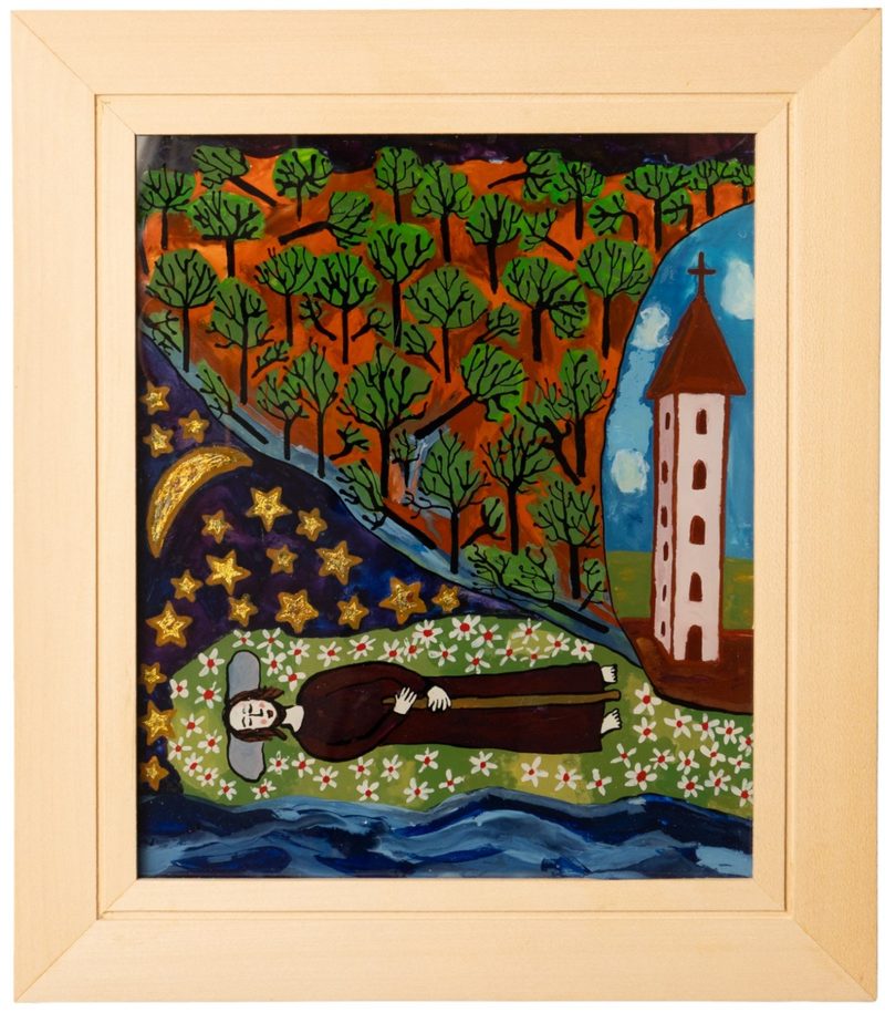 Hinterglasbild mit Sternenhimmel, Wald und Kapelle